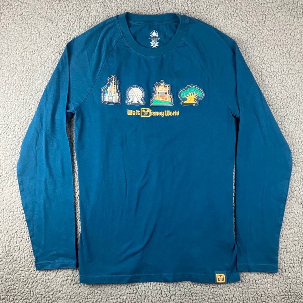 Walt Disney World Teal Blue Long Sleeve Graphic Tee Park Icons Embroidered Small